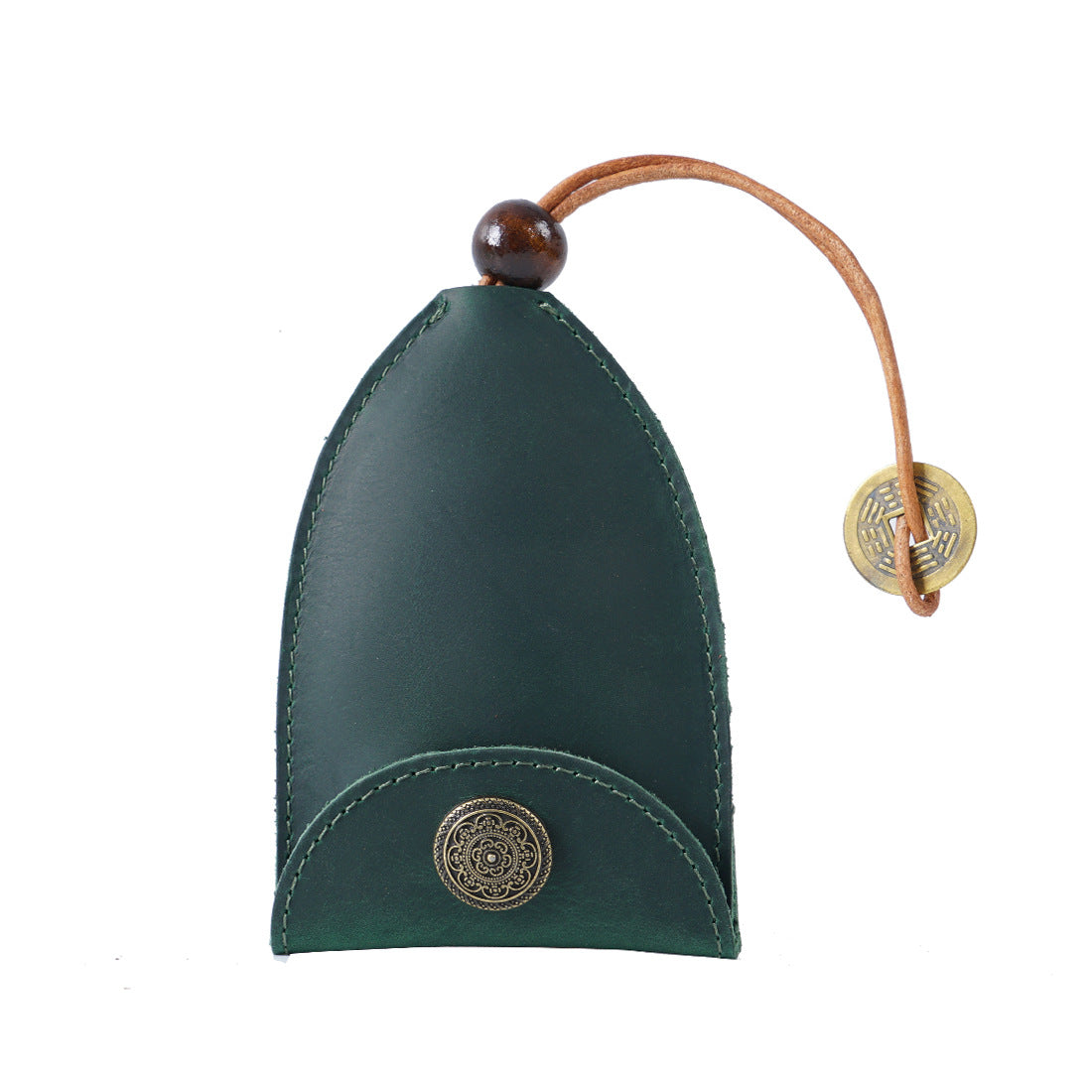 Green Vintage Crazy Horse Leather Key Organizer - Handmade Pull-Out Car Key Case &amp; Home Key Holder with Retro Coin Charm