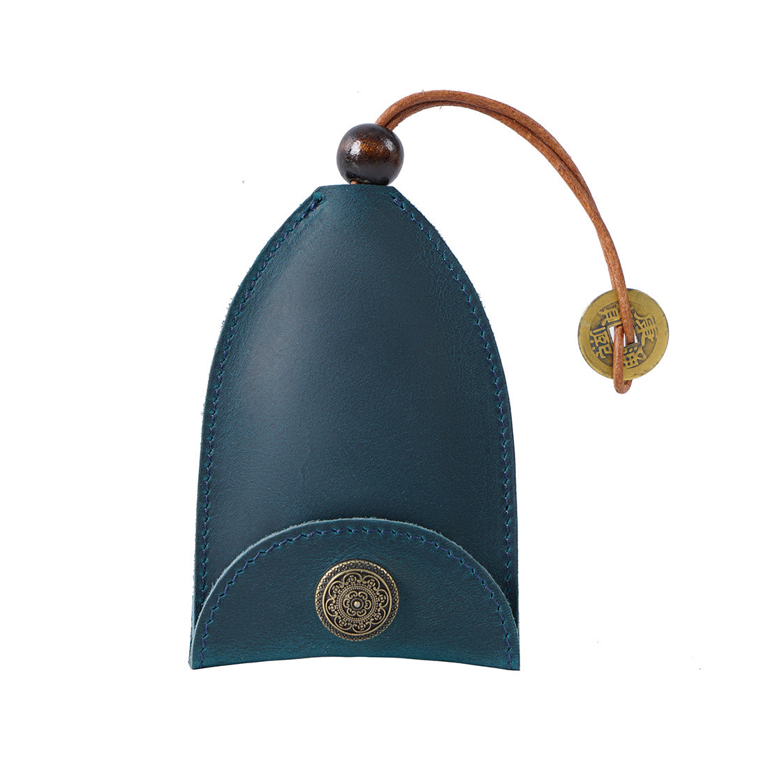 Blue Vintage Crazy Horse Leather Key Organizer - Handmade Pull-Out Car Key Case & Home Key Holder with Retro Coin Charm