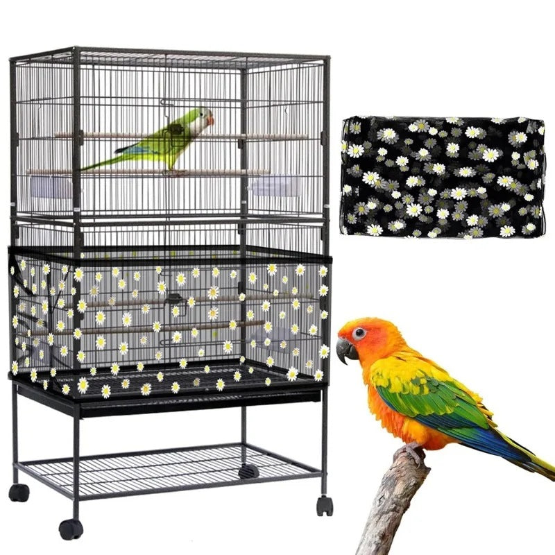 S Black Flower【Height 17, Circumference 110】 Large Bird Cage Seed Catcher Net Cover - Adjustable Mesh Guard Splash-Proof Dust Cover for Indoor Outdoor Cages