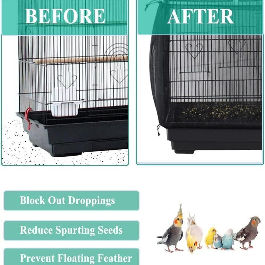 XXL Black Flower【Height 40, Circumference 220】 Large Bird Cage Seed Catcher Net Cover - Adjustable Mesh Guard Splash-Proof Dust Cover for Indoor Outdoor Cages