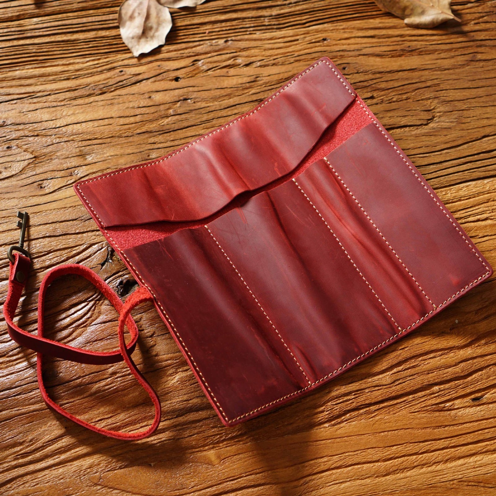 Wine Red Genuine Crazy Horse Leather Pencil Roll Case Vintage Pen Wrap Stationery Organiser Pouch with Strap & Charm 4 Slots for Artists
