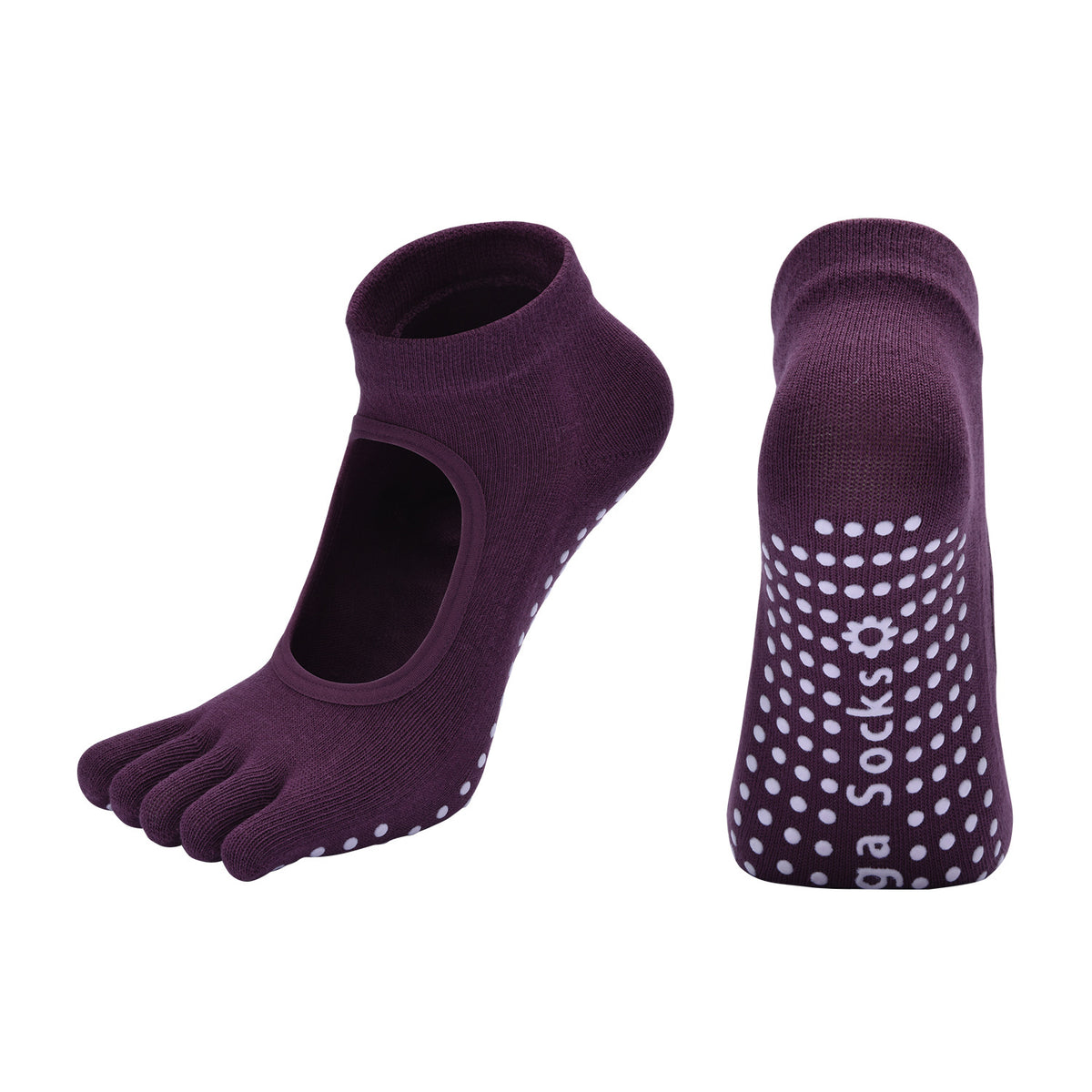 Purple 3-Pack Women's Non-Slip Five-Finger Yoga Socks - Open Back Combed Cotton Pilates &amp; Fitness Grip Socks for Professional Exercise