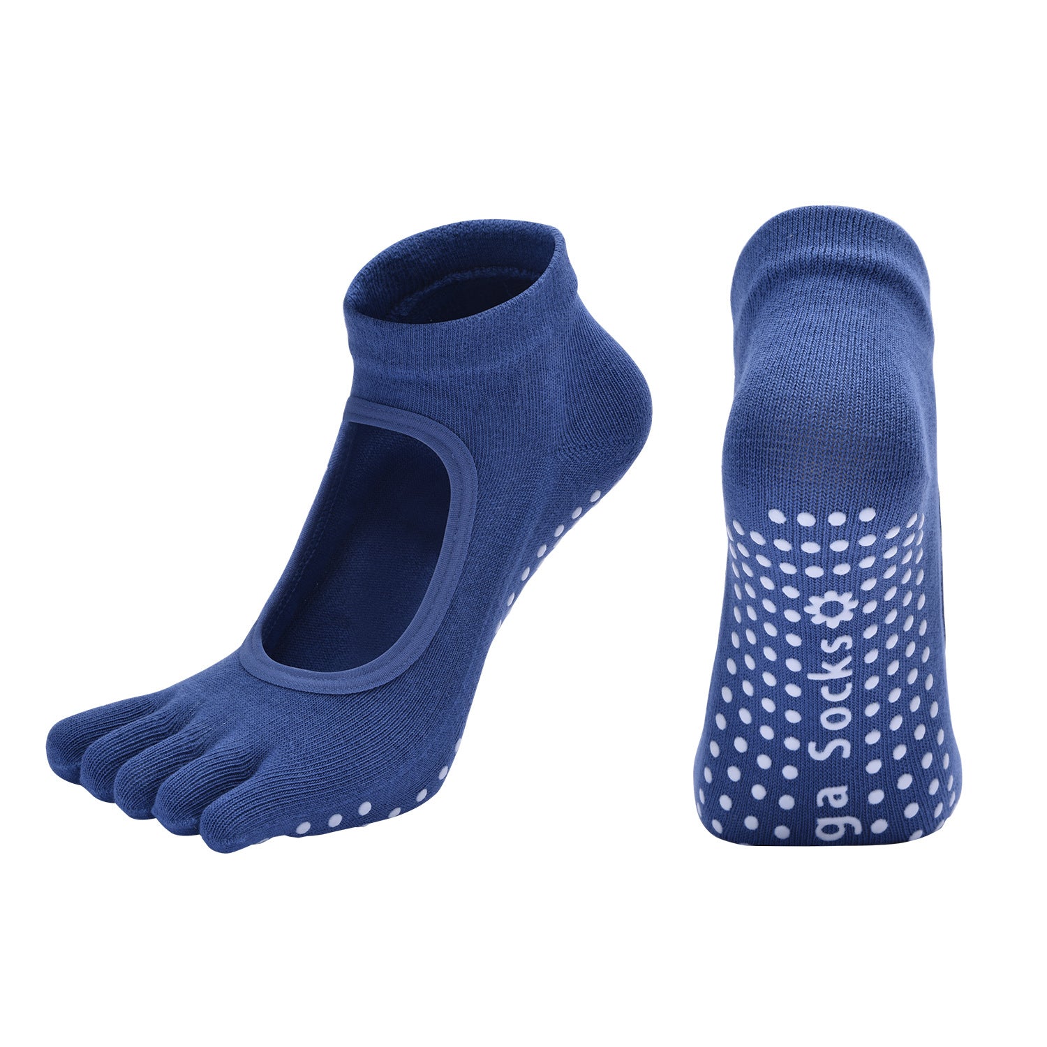 Dark Blue 3-Pack Women's Non-Slip Five-Finger Yoga Socks - Open Back Combed Cotton Pilates & Fitness Grip Socks for Professional Exercise