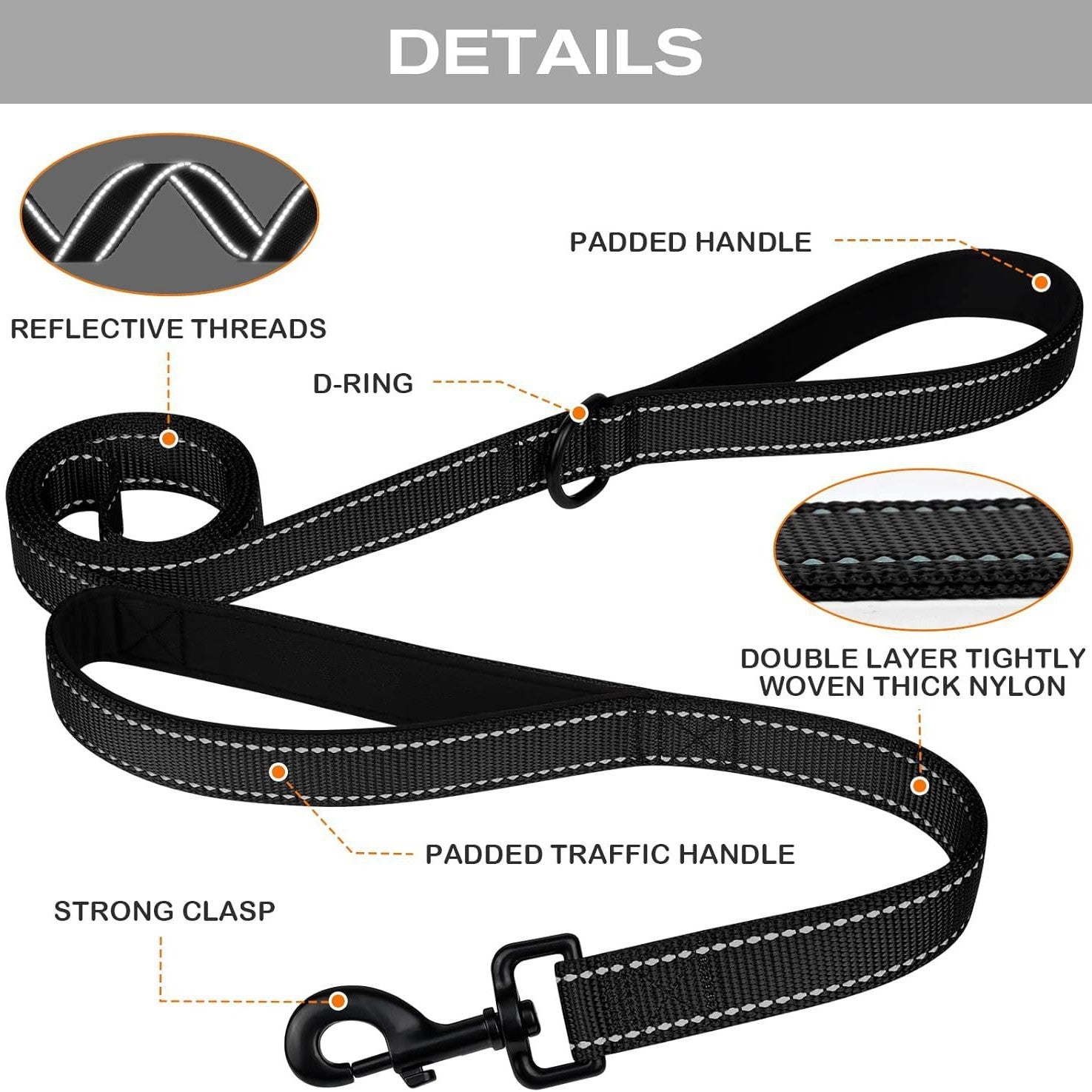 Blue 2.5 Meter Heavy Duty Reflective Dog Leash | Double Padded Traffic Handle | Anti-Chafe Tightly Woven Nylon for Large Dogs