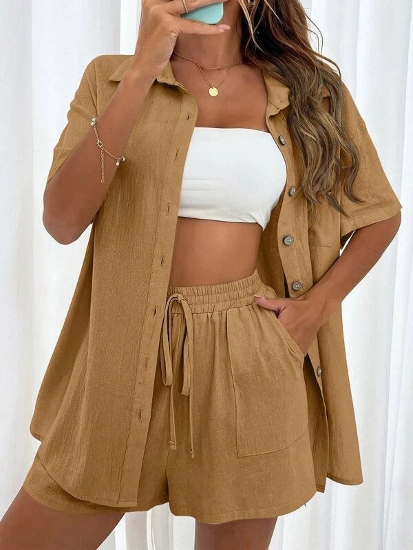 L Brown Women's Elegant 2-Piece Casual Set | Distressed Linen-Look Button-Down Shirt &amp; Drawstring Shorts