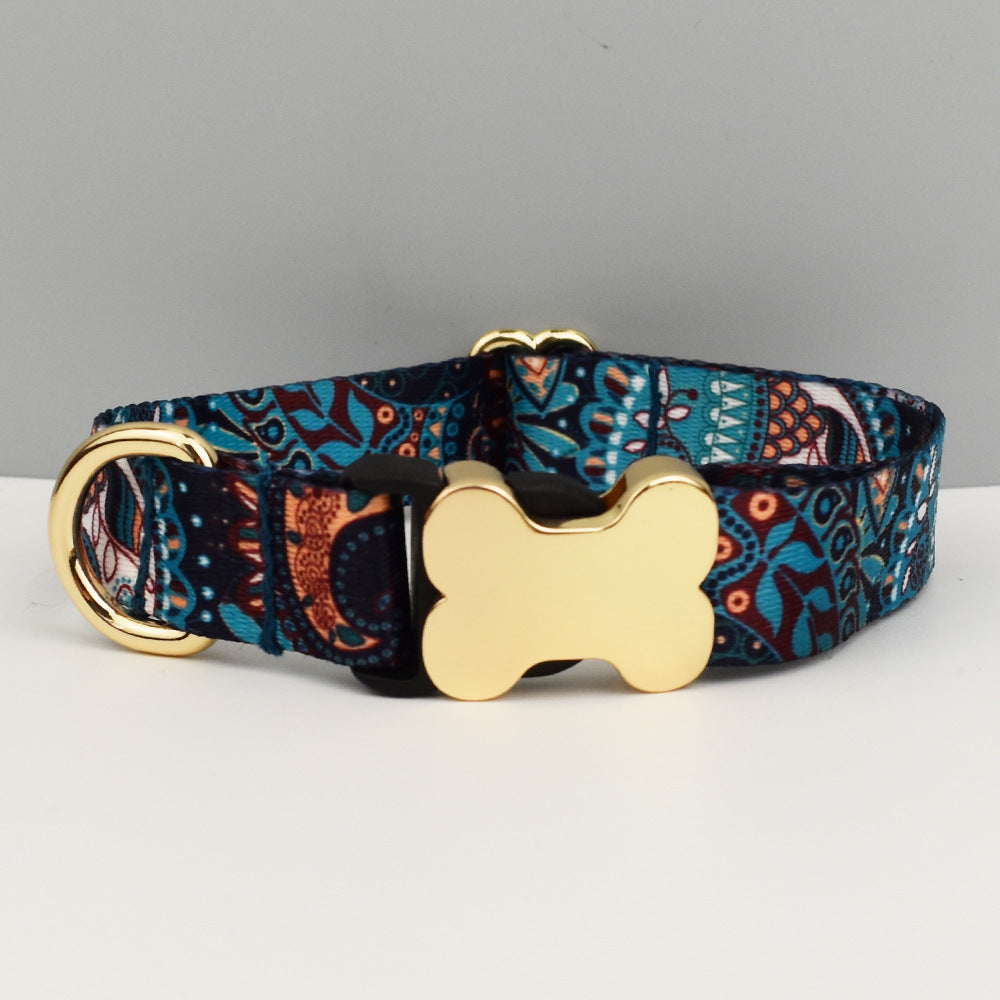 S Blue Boho Patterned Dog Collar with Gold Metal Bone Buckle Adjustable Tribal &amp; Leopard Print Neck Strap for Puppies &amp; Dogs