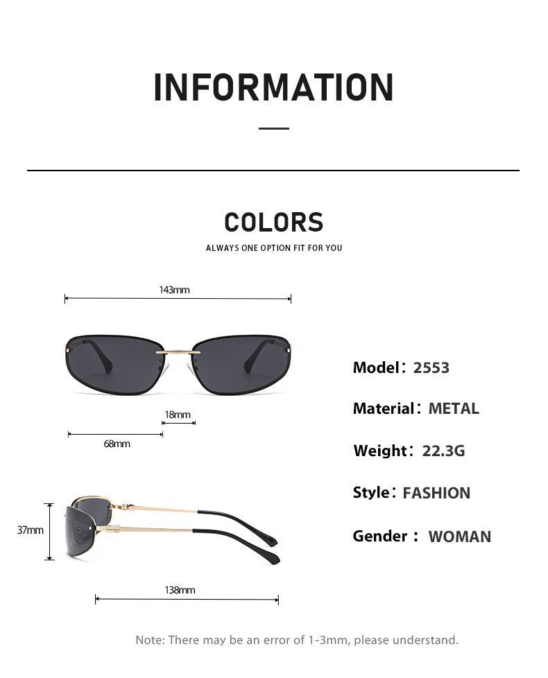 Gold-rimmed Black-and-grey Lenses 2PCS Retro Y2K Rimless Oval Sunglasses for Women | Fashion Metal Frame Old Money Aesthetic | Sweet Cool Spice Girl Sunnies