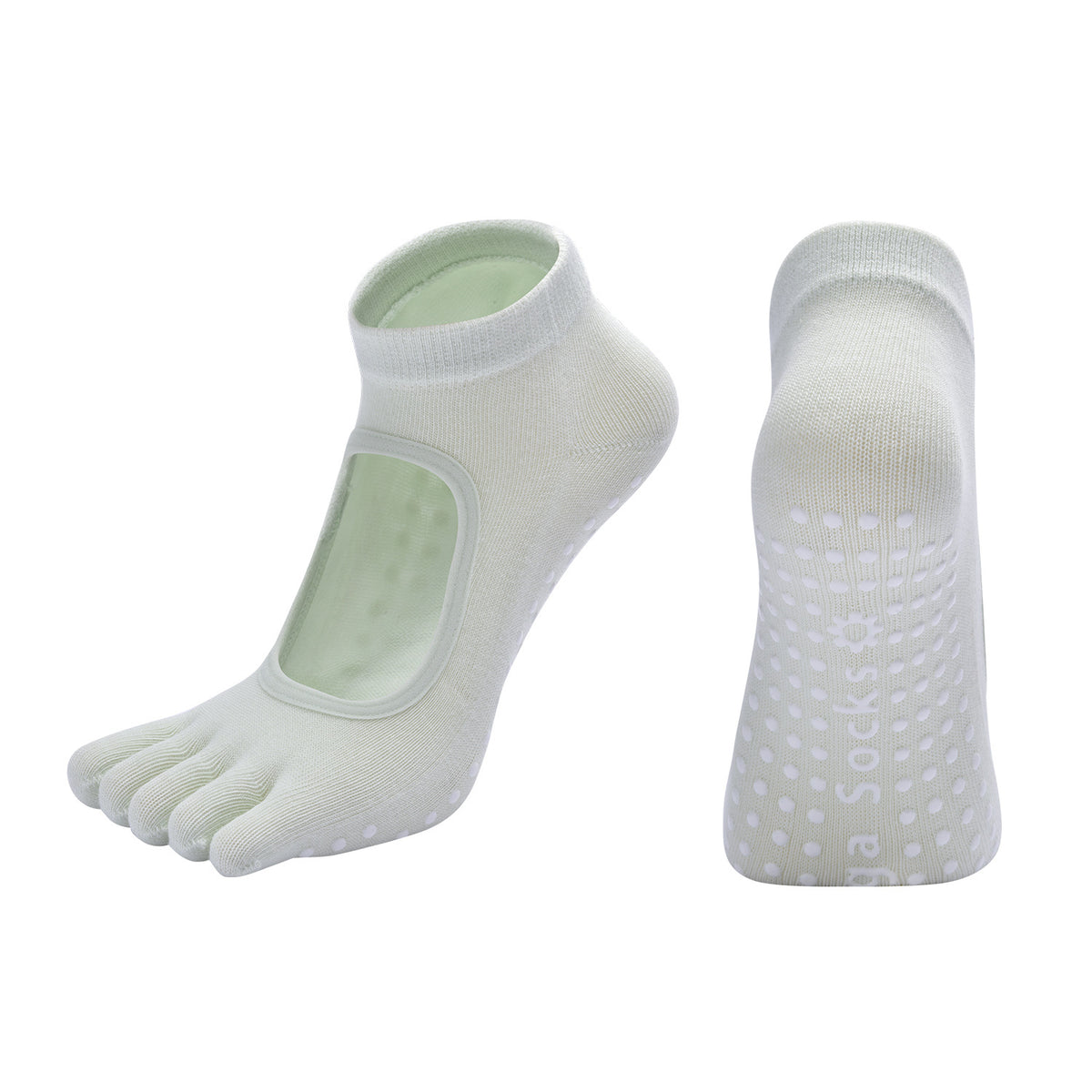 Macaron Green 3-Pack Women's Non-Slip Five-Finger Yoga Socks - Open Back Combed Cotton Pilates &amp; Fitness Grip Socks for Professional Exercise