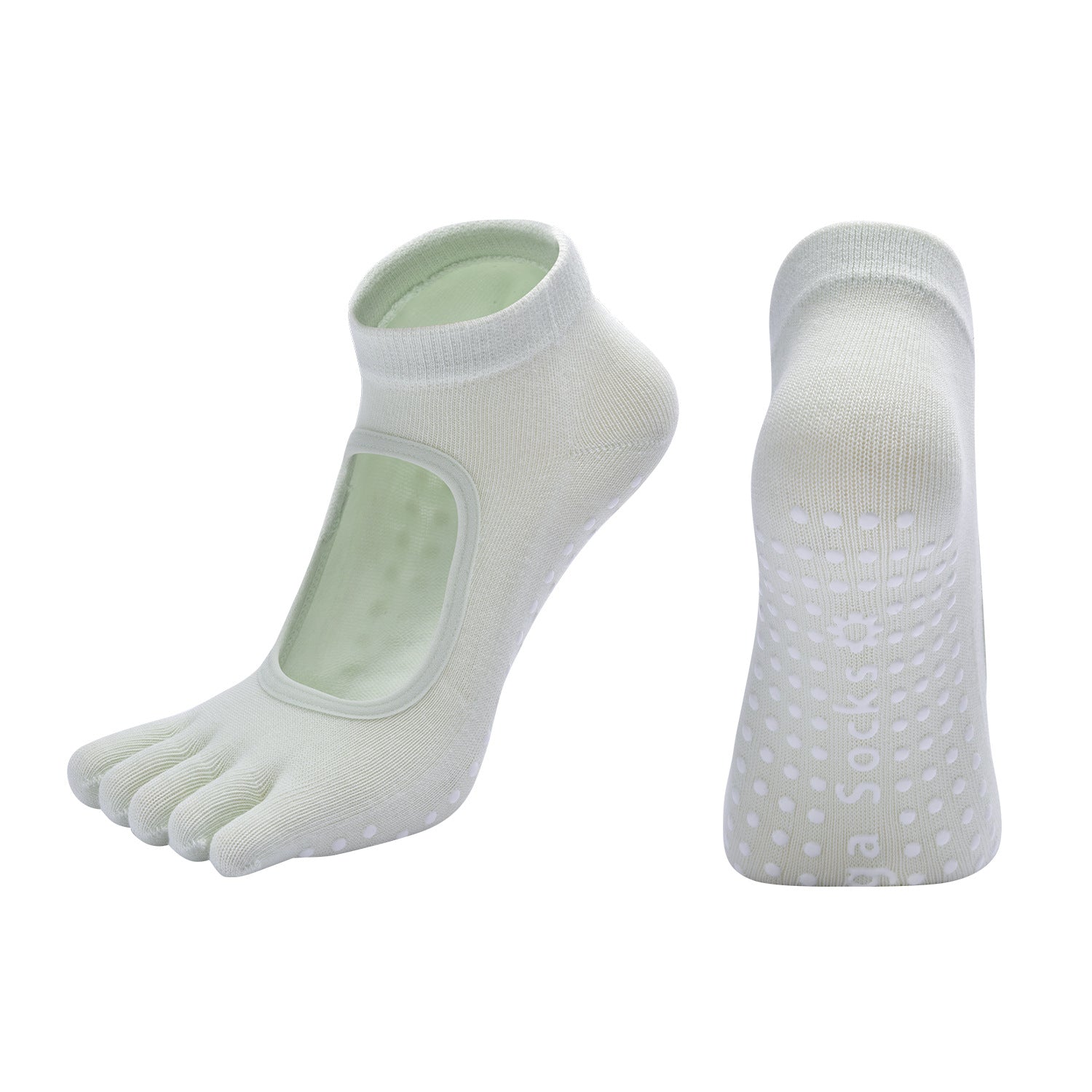Macaron Green 3-Pack Women's Non-Slip Five-Finger Yoga Socks - Open Back Combed Cotton Pilates & Fitness Grip Socks for Professional Exercise