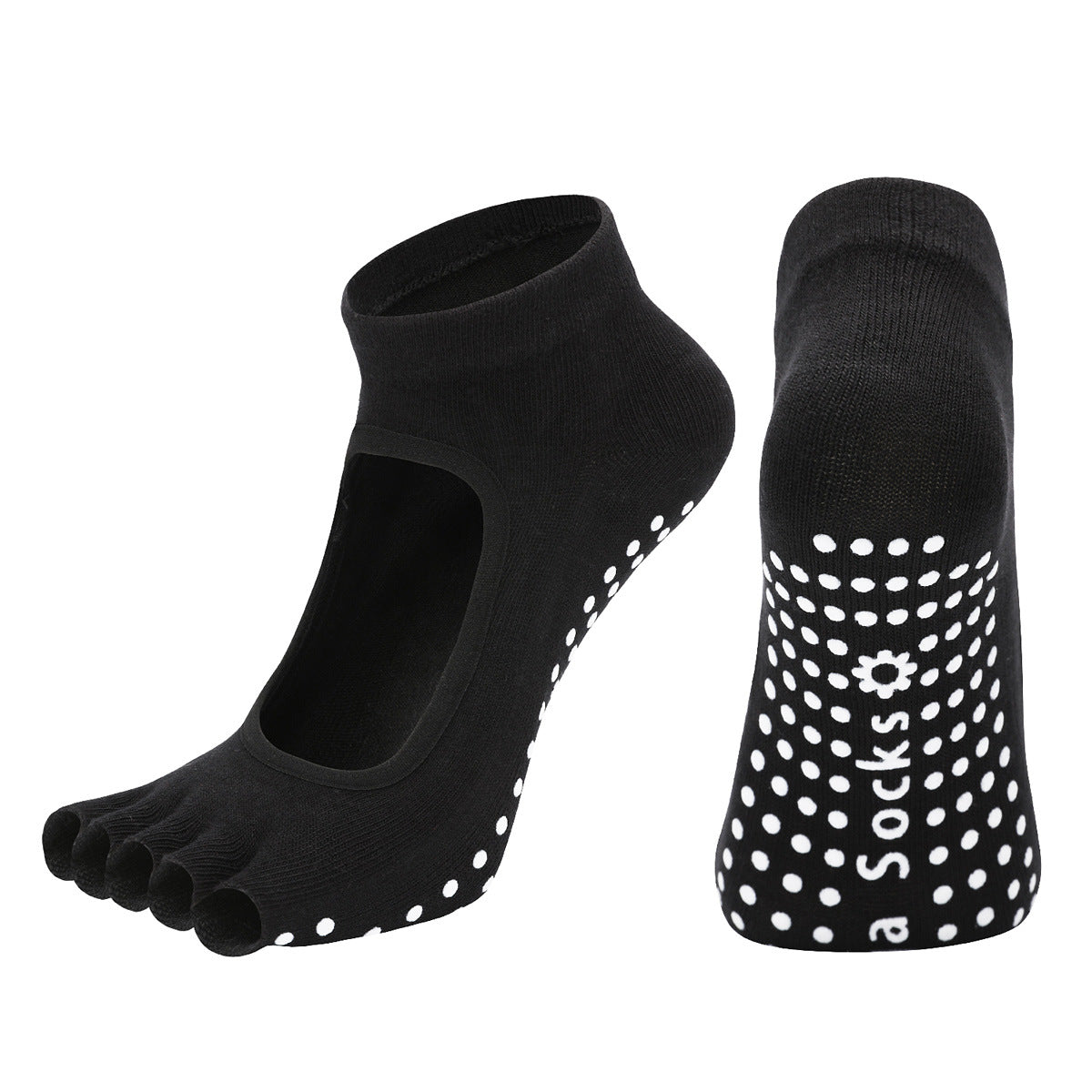 Black 3-Pack Women's Non-Slip Five-Finger Yoga Socks - Open Back Combed Cotton Pilates &amp; Fitness Grip Socks for Professional Exercise