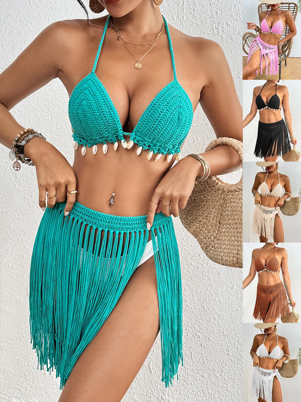 Green Women's Hand-Crocheted Two-Piece Bikini Set with Shell Accents and Tassel Skirt