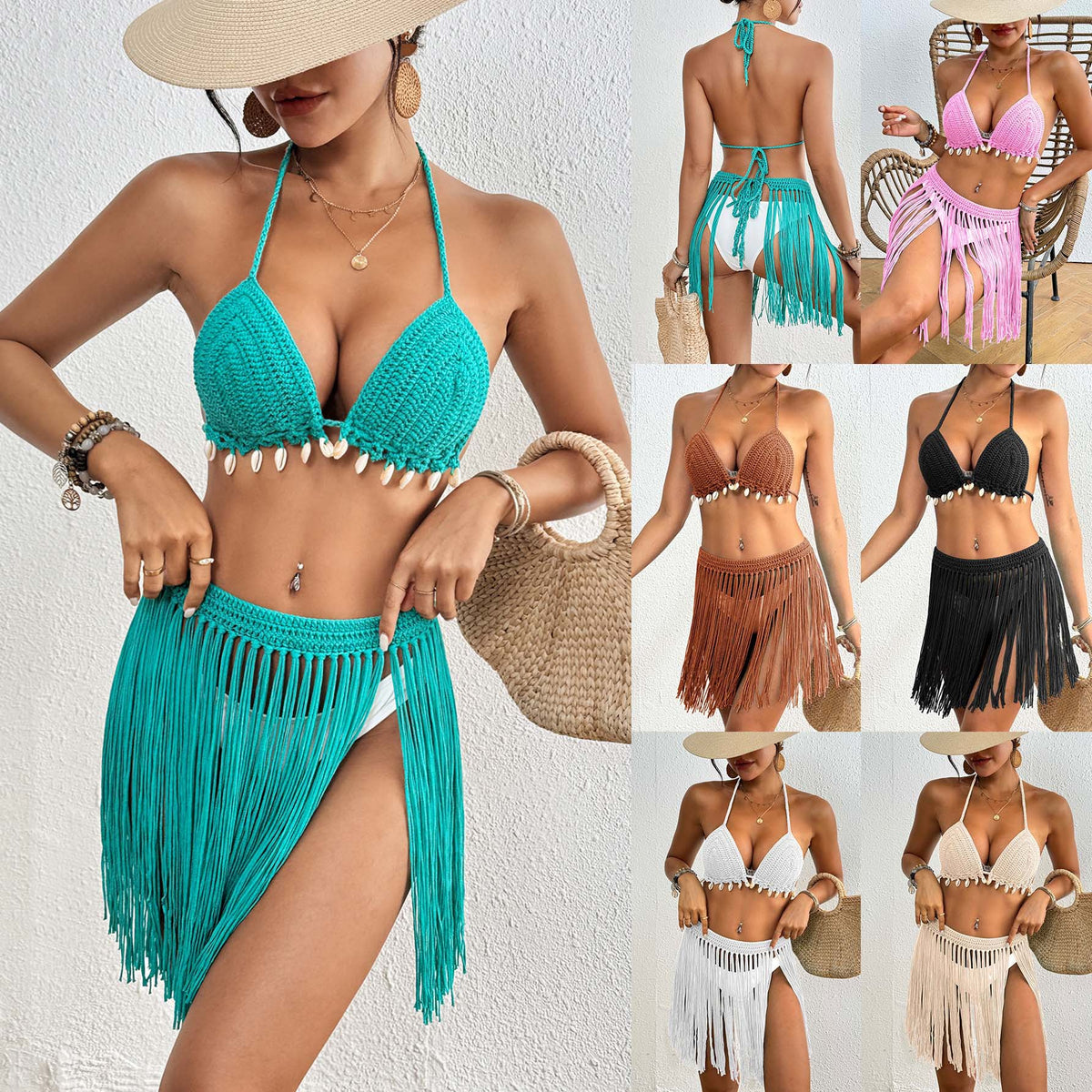 Brown Women's Hand-Crocheted Two-Piece Bikini Set with Shell Accents and Tassel Skirt