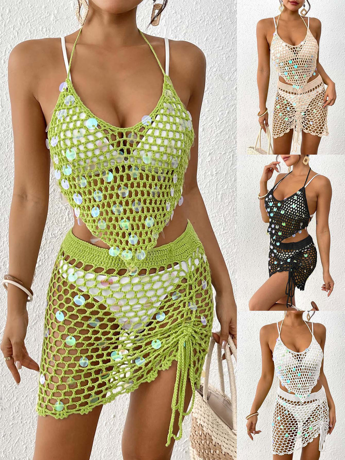 Green Women's Hand-Crocheted Beachwear Set with Sequin Embellishments – Boho Style Two-Piece Bikini Cover-Up