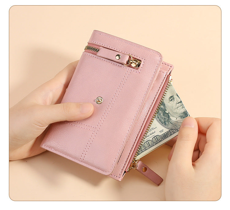 Pink Soft PU Leather Women's Wallet – Compact Foldable Wallet with Multiple Card Slots and Zippered Compartment