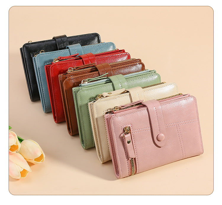 Red Soft PU Leather Women's Wallet – Compact Foldable Wallet with Multiple Card Slots and Zippered Compartment