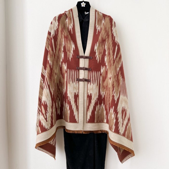 Dark Red New Style Buttoned Shawl – Double-Sided Winter Scarf with Ethnic Pattern, Faux Cashmere Feel for Travel and Fashion