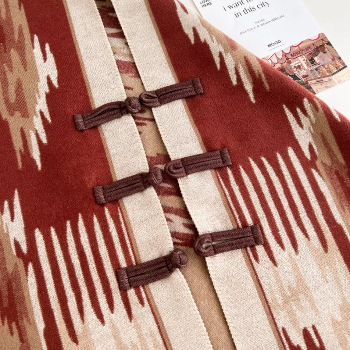 Dark Red New Style Buttoned Shawl – Double-Sided Winter Scarf with Ethnic Pattern, Faux Cashmere Feel for Travel and Fashion