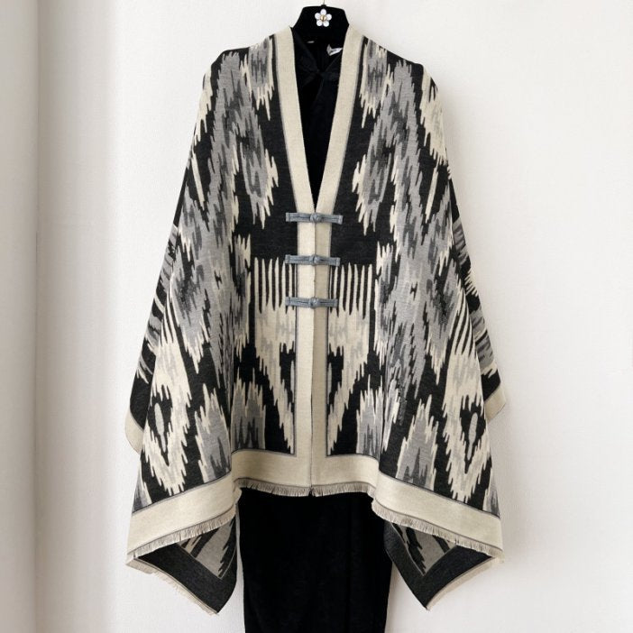 Black New Style Buttoned Shawl – Double-Sided Winter Scarf with Ethnic Pattern, Faux Cashmere Feel for Travel and Fashion