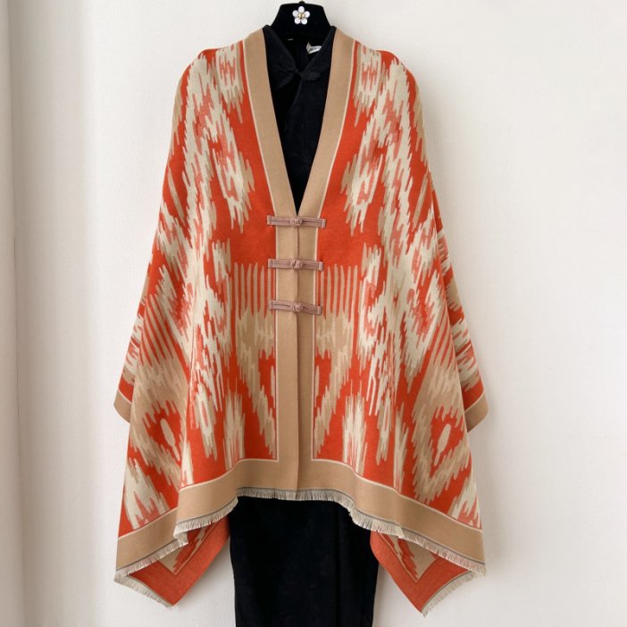 Orange New Style Buttoned Shawl – Double-Sided Winter Scarf with Ethnic Pattern, Faux Cashmere Feel for Travel and Fashion