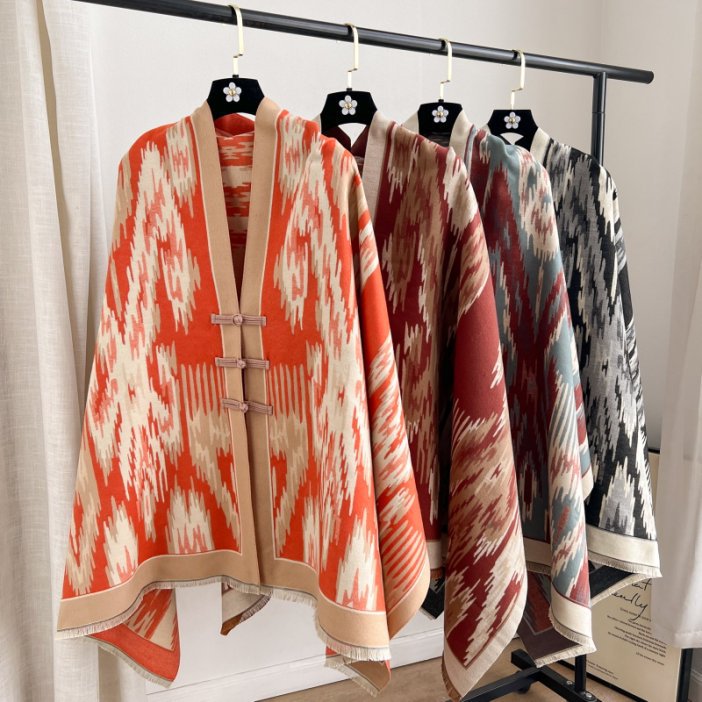 Orange New Style Buttoned Shawl – Double-Sided Winter Scarf with Ethnic Pattern, Faux Cashmere Feel for Travel and Fashion