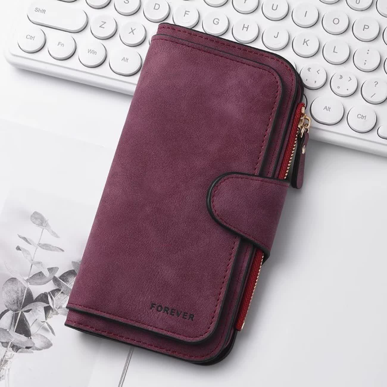 Claret Stylish Large-Capacity Women's Long Wallet – Vintage PU Leather Clutch with Zipper and Snap Closure
