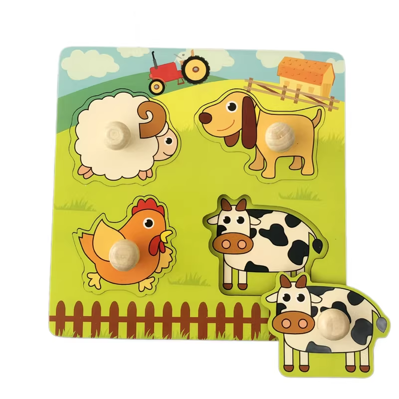 Farm Hand-Grip Puzzle Board – Educational Shape Matching Toy for Early Learning, 14.5cm Square Design