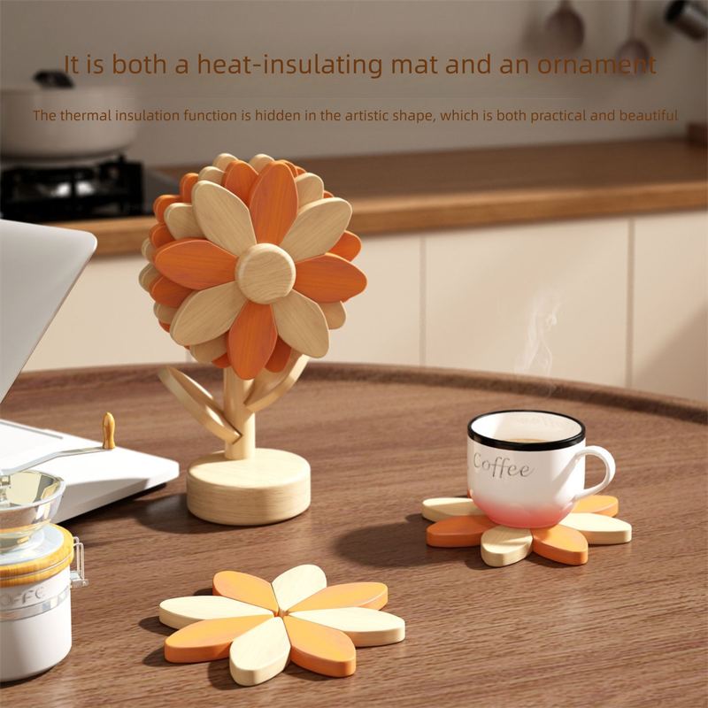 5-Piece Floral-Shaped Trivet Set with Stand – Wooden Heat Resistant Pad for Table, Dish, Pot or Cup(Walnut and beech two-tone)