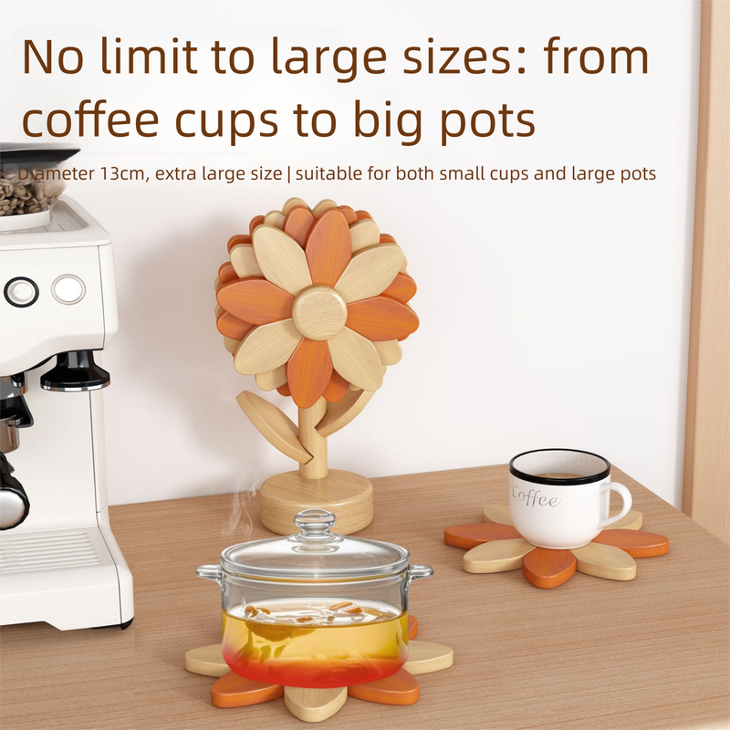 5-Piece Floral-Shaped Trivet Set with Stand – Wooden Heat Resistant Pad for Table, Dish, Pot or Cup(Walnut solid colour)