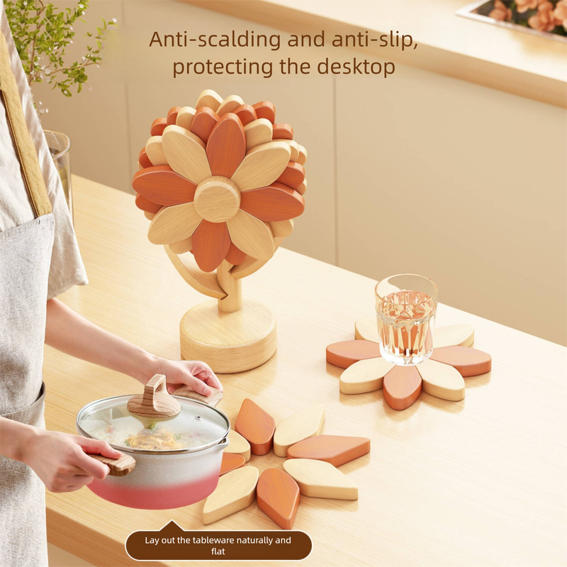 5-Piece Floral-Shaped Trivet Set with Stand – Wooden Heat Resistant Pad for Table, Dish, Pot or Cup(Walnut solid colour)