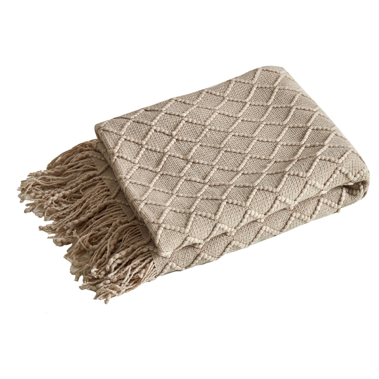 Khaki Nordic Minimalist Knit Throw Blanket – 127×180cm Lightweight, Soft & Breathable Fleece-like Fabric with Tassel Edges for Sofa, Bed, Yoga & Air Conditioning Use