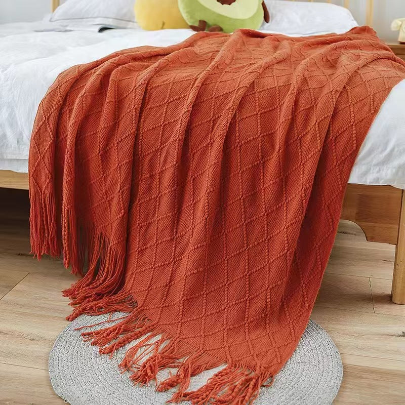 Brick-red Nordic Minimalist Knit Throw Blanket – 127×180cm Lightweight, Soft & Breathable Fleece-like Fabric with Tassel Edges for Sofa, Bed, Yoga & Air Conditioning Use