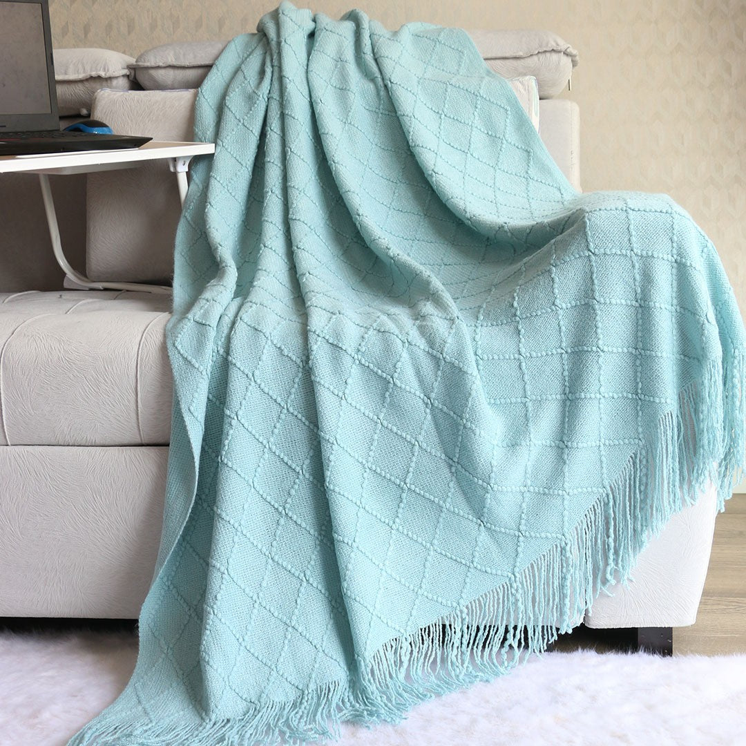 Lake blue Nordic Minimalist Knit Throw Blanket – 127×180cm Lightweight, Soft &amp; Breathable Fleece-like Fabric with Tassel Edges for Sofa, Bed, Yoga &amp; Air Conditioning Use