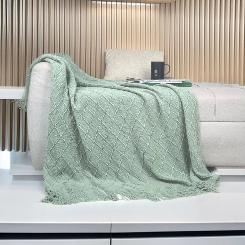 Mint green Nordic Minimalist Knit Throw Blanket – 127×180cm Lightweight, Soft & Breathable Fleece-like Fabric with Tassel Edges for Sofa, Bed, Yoga & Air Conditioning Use