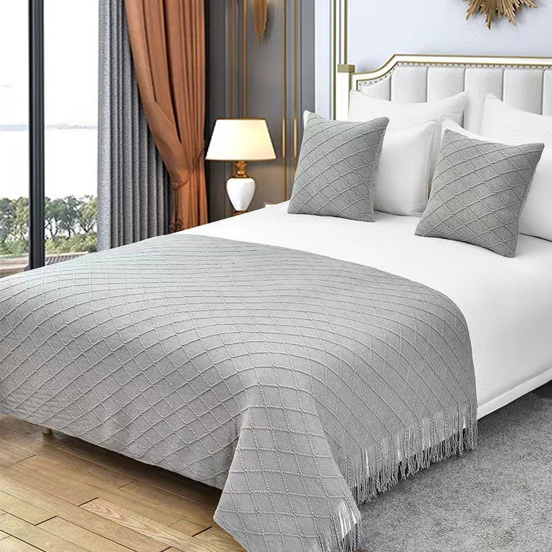 Mint green Nordic Minimalist Knit Throw Blanket – 127×180cm Lightweight, Soft & Breathable Fleece-like Fabric with Tassel Edges for Sofa, Bed, Yoga & Air Conditioning Use