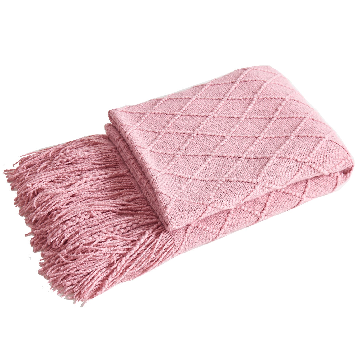 Pink Nordic Minimalist Knit Throw Blanket – 127×180cm Lightweight, Soft & Breathable Fleece-like Fabric with Tassel Edges for Sofa, Bed, Yoga & Air Conditioning Use