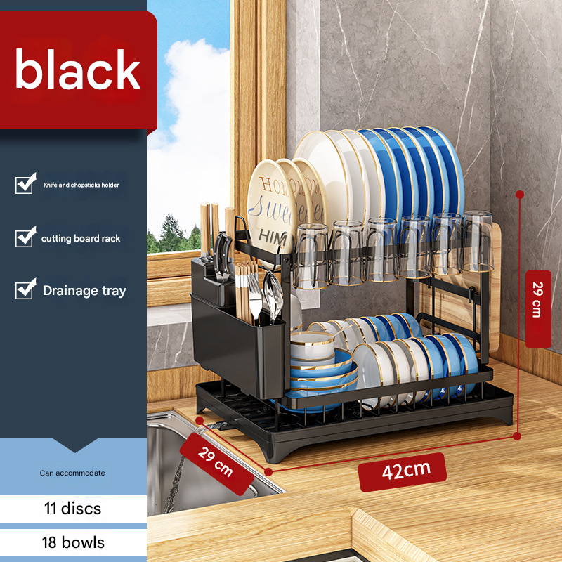 Black Foldable Dish Rack with Drain Tray, Knife &amp; Chopstick Holder, Cup Rack, and Cutting Board Support – 42cm x 29cm x 29cm, Easy-Install Kitchen Storage Organizer for Plates, Bowls, Glasses, and Utensils