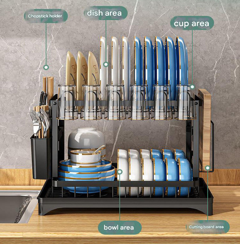 Black Foldable Dish Rack with Drain Tray, Knife & Chopstick Holder, Cup Rack, and Cutting Board Support – 42cm x 29cm x 29cm, Easy-Install Kitchen Storage Organizer for Plates, Bowls, Glasses, and Utensils