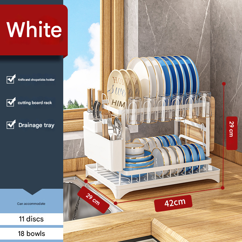 White Foldable Dish Rack with Drain Tray, Knife &amp; Chopstick Holder, Cup Rack, and Cutting Board Support – 42cm x 29cm x 29cm, Easy-Install Kitchen Storage Organizer for Plates, Bowls, Glasses, and Utensils