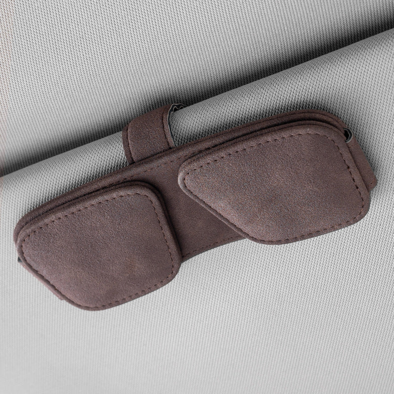 Brown Car Sun Visor Sunglasses Holder – Magnetic Dual Clip Organizer with Suede Finish, No-Drill Mounting for Glasses, Cards &amp; Tickets