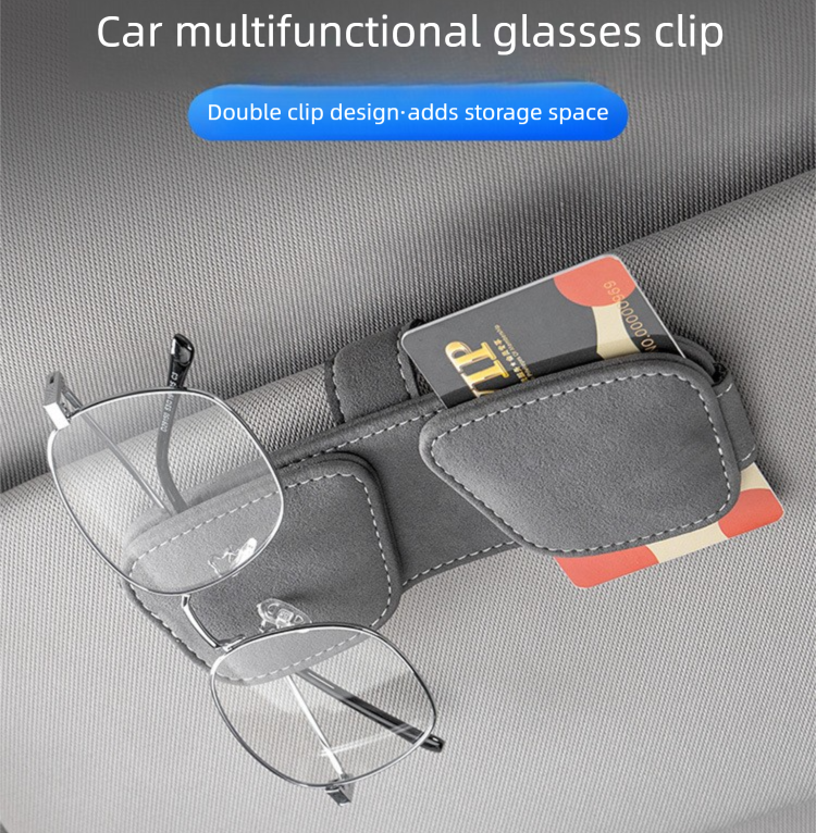 Brown Car Sun Visor Sunglasses Holder – Magnetic Dual Clip Organizer with Suede Finish, No-Drill Mounting for Glasses, Cards & Tickets