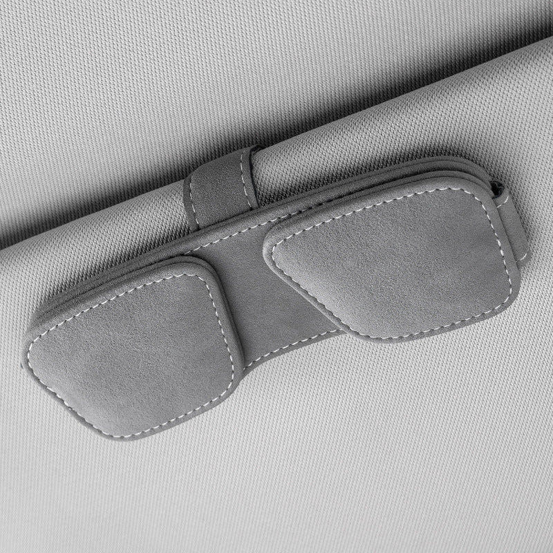 Grey Car Sun Visor Sunglasses Holder – Magnetic Dual Clip Organizer with Suede Finish, No-Drill Mounting for Glasses, Cards &amp; Tickets