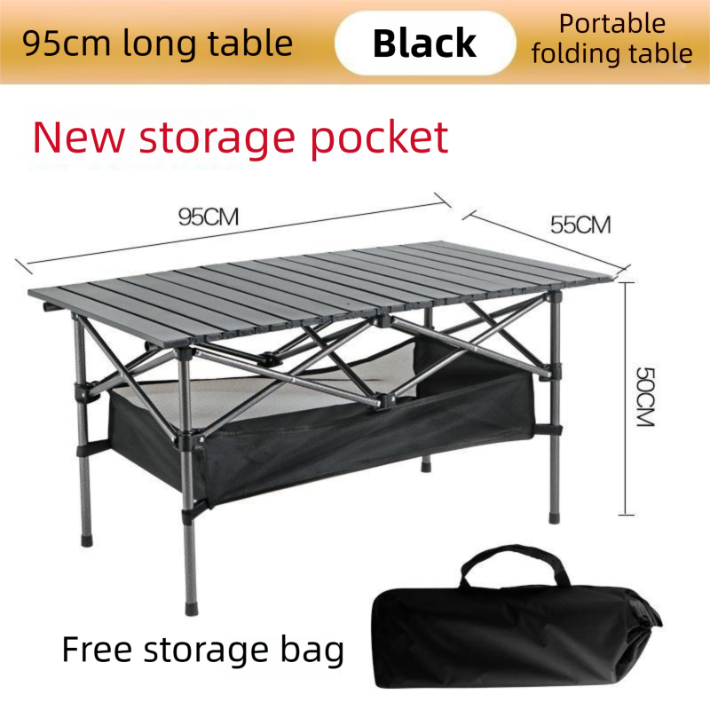 95CM Black Portable Folding Egg Roll Camping Table with Storage Bag &amp; Mesh Net- Heavy-Duty Carbon Steel Picnic Table for 4-6 People