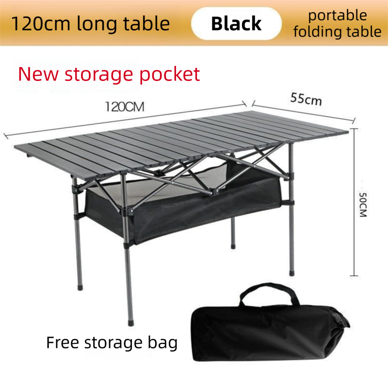 120CM Black Portable Folding Egg Roll Camping Table with Storage Bag &amp; Mesh Net- Heavy-Duty Carbon Steel Picnic Table for 6-8 People