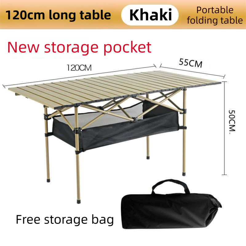 120CM Khaki Portable Folding Egg Roll Camping Table with Storage Bag &amp; Mesh Net- Heavy-Duty Carbon Steel Picnic Table for 6-8 People