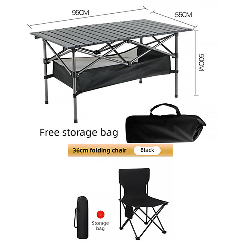 95CM Black Portable Folding Egg Roll Camping Table + 4-Pack 36CM Chairs with Storage Bag &amp; Mesh Net- Heavy-Duty Carbon Steel Picnic Table for 4-6 People