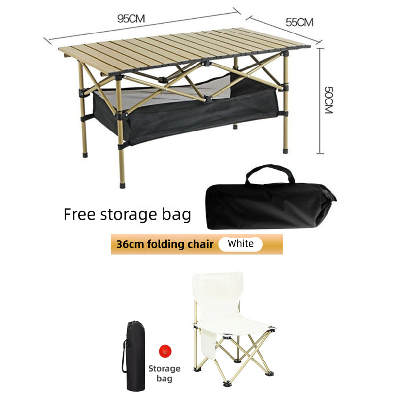95CM Khaki Portable Folding Egg Roll Camping Table + 4-Pack 36CM Chairs with Storage Bag &amp; Mesh Net- Heavy-Duty Carbon Steel Picnic Table for 4-6 People