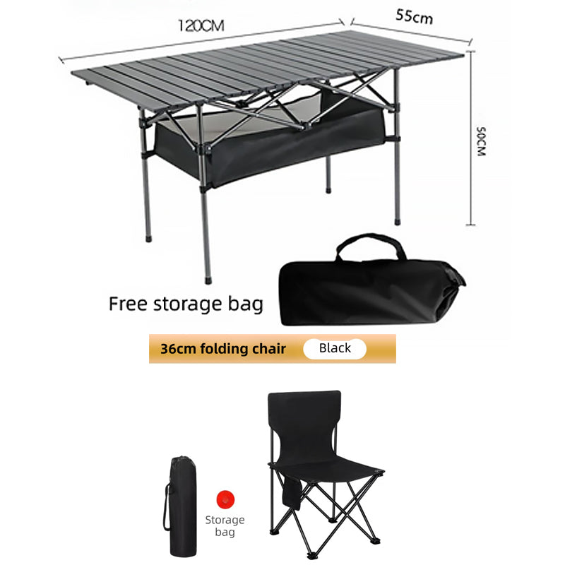 120CM Black Portable Folding Egg Roll Camping Table + 4-Pack 36CM Chairs with Storage Bag &amp; Mesh Net- Heavy-Duty Carbon Steel Picnic Table for 6-8 People