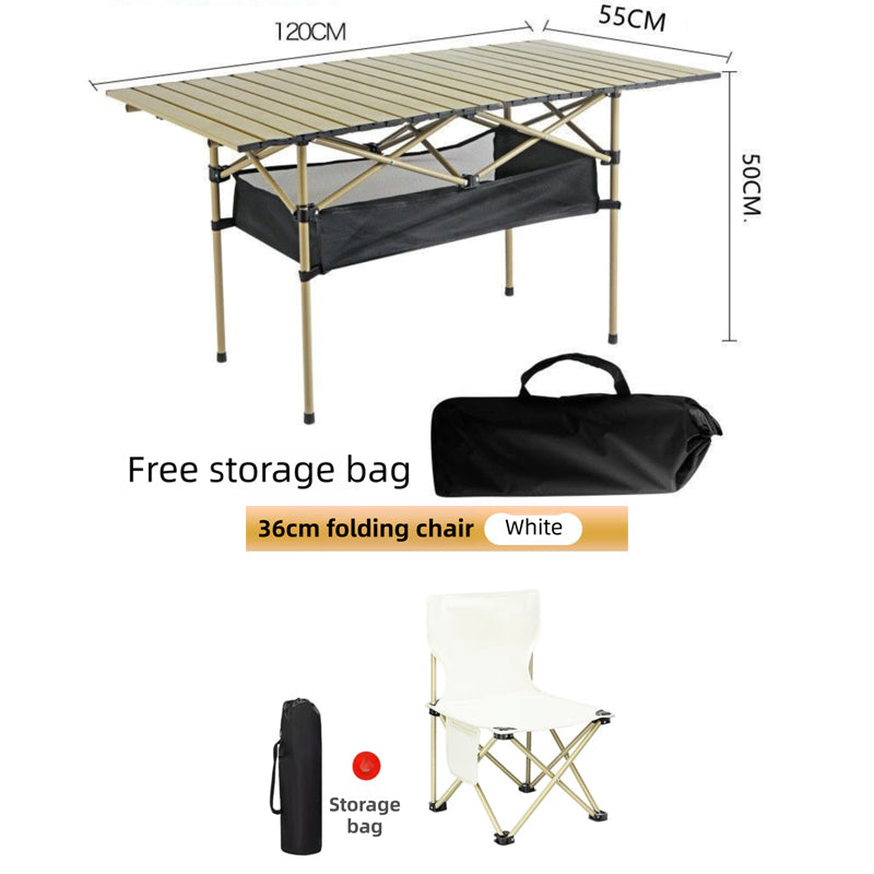 120CM Khaki Portable Folding Egg Roll Camping Table + 4-Pack 36CM Chairs with Storage Bag &amp; Mesh Net- Heavy-Duty Carbon Steel Picnic Table for 6-8 People