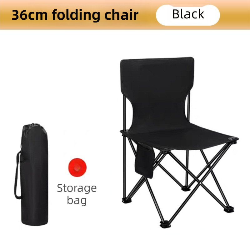 36CM Black Portable Folding Camping Chair with Storage Bag &amp; Pocket - Heavy-Duty Carbon Steel Picnic Chair