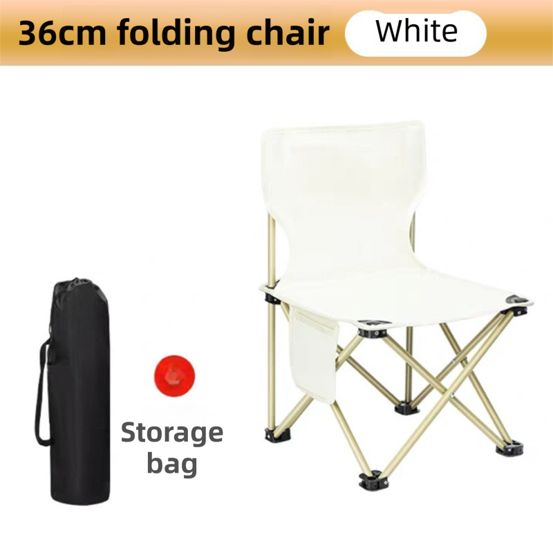 36CM White Portable Folding Camping Chair with Storage Bag &amp; Pocket - Heavy-Duty Carbon Steel Picnic Chair